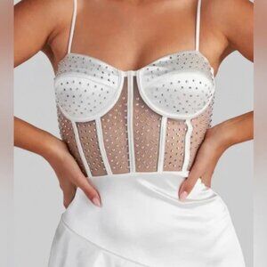 White Aubrianna Dazzling  Windsor Heatstone Illusion Skater Dress XS